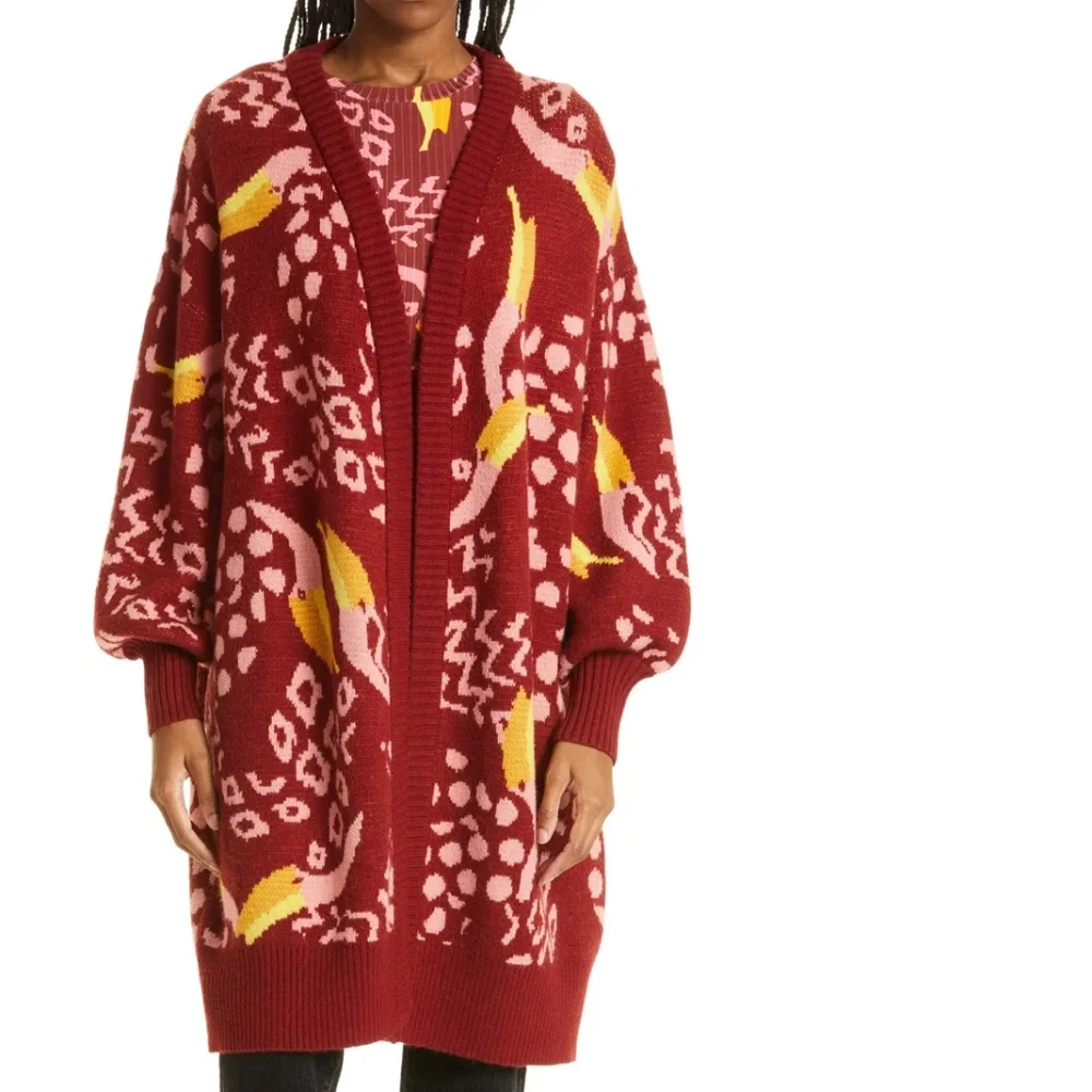 NWT $210 FARM RIO Toucanissimo Cardigan in Burgundy!